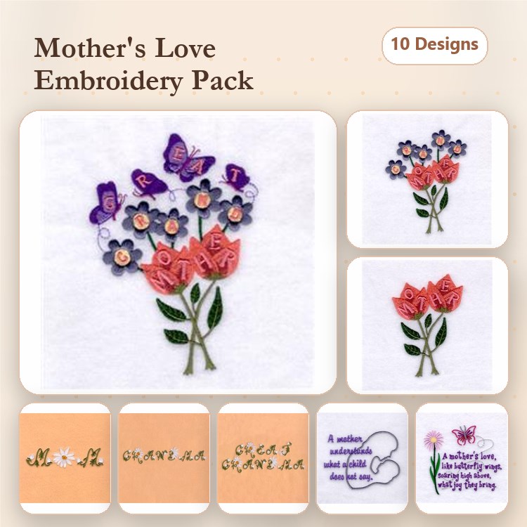 Mother's Day Floral Embroidery Bundle – Flower Bouquet with Hearts, Flower Bouquet with Butterflies, & More (10 Designs)