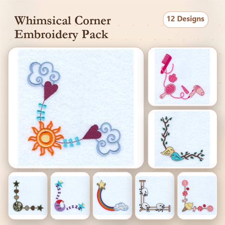 Whimsical Corner Embellishments Embroidery Bundle – Sun with Clouds, Heart Corner, Bird on Branch & More (12 Designs)