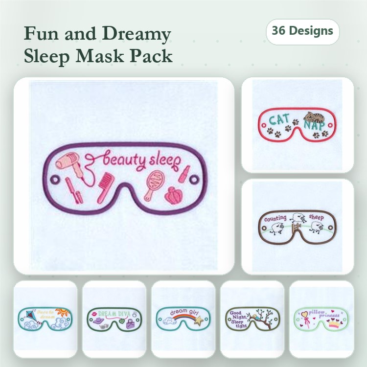 Sleep Mask Embroidery Bundle – Beauty Sleep, Cat, Ice Cream, Coffee & More (36 Designs)