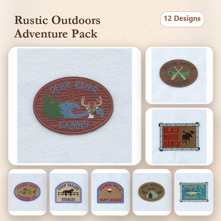 Outdoors & Adventure Embroidery Bundle – Deer River Cabins, Black Moose Ranch, Fishing Lodge & More (12 Designs)