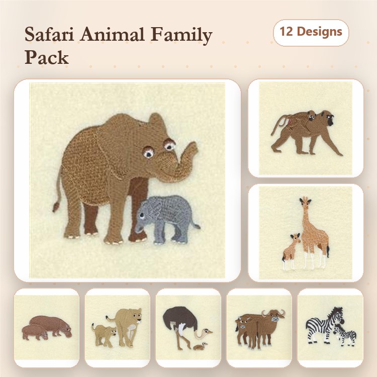 Safari Animals Embroidery Bundle – Elephant Family, Giraffe, Lion & More (12 Designs)