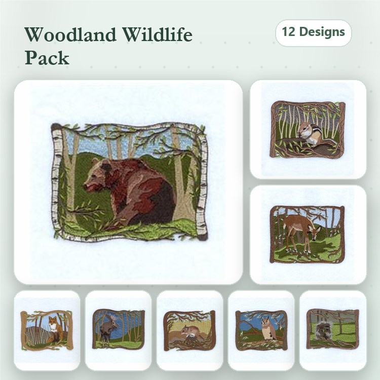 Woodland Wildlife Embroidery Bundle – Brown Bear, Deer in Forest, Fox in Grass & More (12 Designs)
