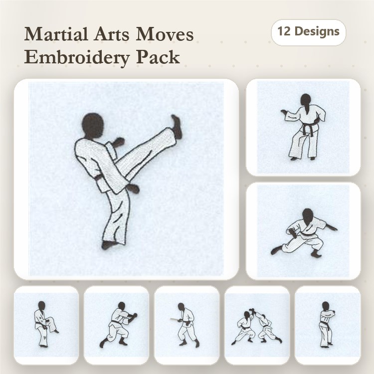 Martial Arts Moves Embroidery Designs Bundle – Kicking, Punching, Sparring & More (12 Designs)