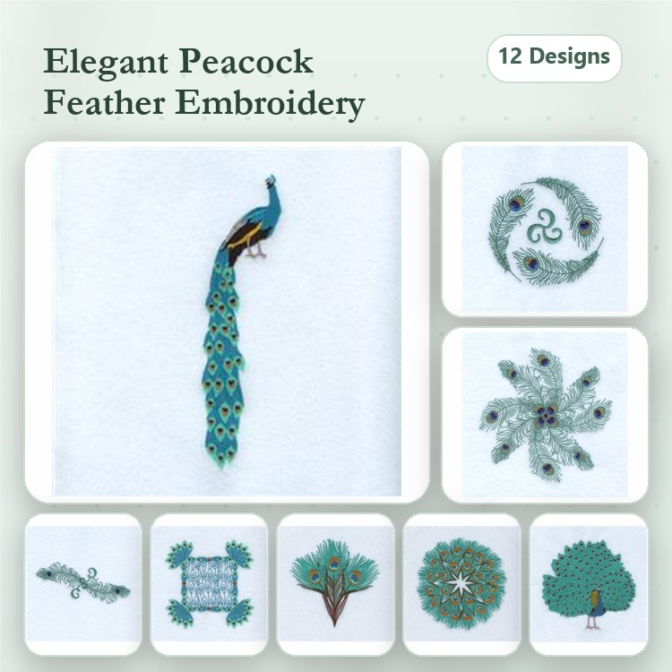 Peacock & Feather Embroidery Bundle – Peacock, Intricate Feather Motif, Ornate Feather Design & More (12 Designs)