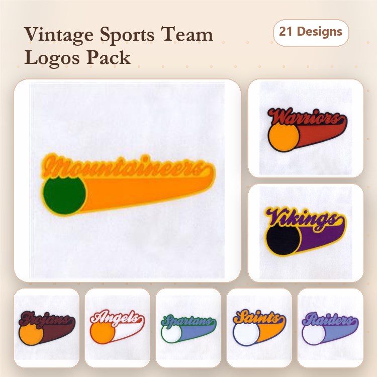 Applique Vintage Sports Team Logos Embroidery Bundle – Mountaineers, Warriors, Vikings & More (21 Designs)