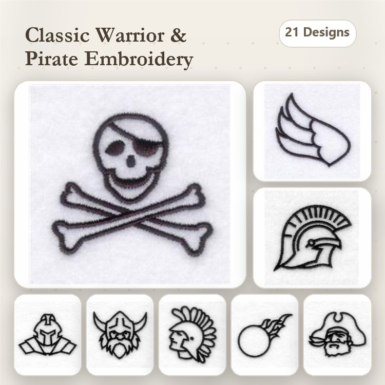 Redwork Classic Warrior & Pirate Embroidery Designs Bundle – Skull and Crossbones, Pirate Hat, Spartan Helmet & More (21 Designs)