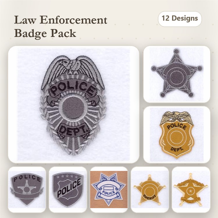 Law Enforcement Badge Embroidery Bundle – Police Badge with Eagle, Star Police Badge, Gold Police Shield & More (12 Designs)