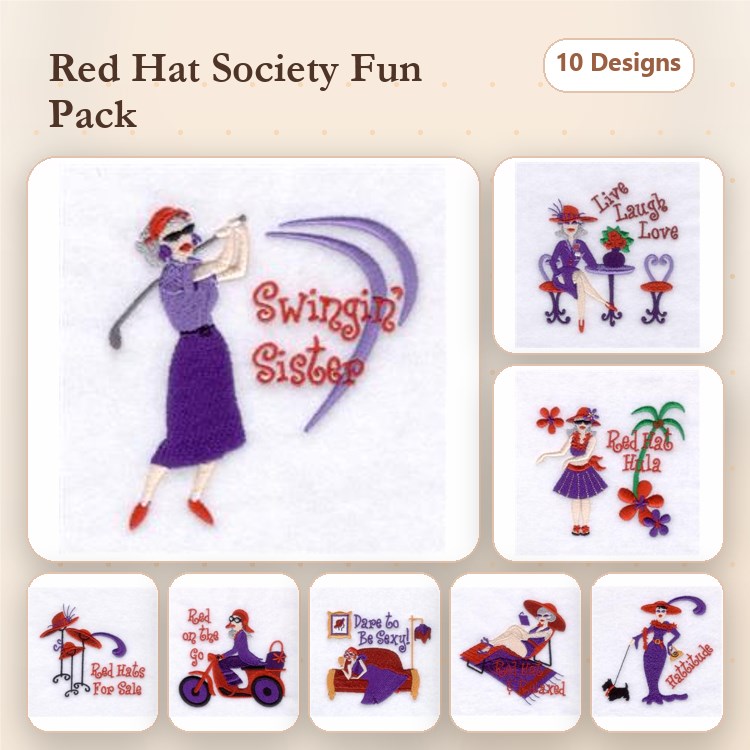Red Hat Society Embroidery Designs Bundle – Golfing Lady, Swingin' Sister, Red Hat Fun & More (10 Designs)