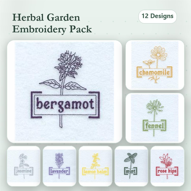 Herbal Plants Embroidery Designs Bundle – Bergamot, Chamomile, Fennel & More (12 Designs)