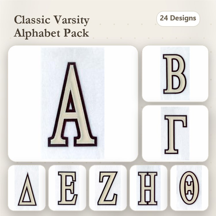 Applique Varsity Alphabet Letters Embroidery Bundle – Letter A, Letter B, Letter Г & More (24 Designs)