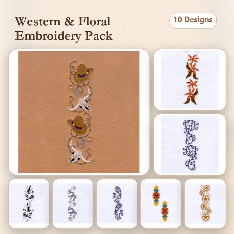 Western & Floral Embroidery Bundle – Cowboy Hat with Flowers, Cactus Design, Floral Vine & More (10 Designs)