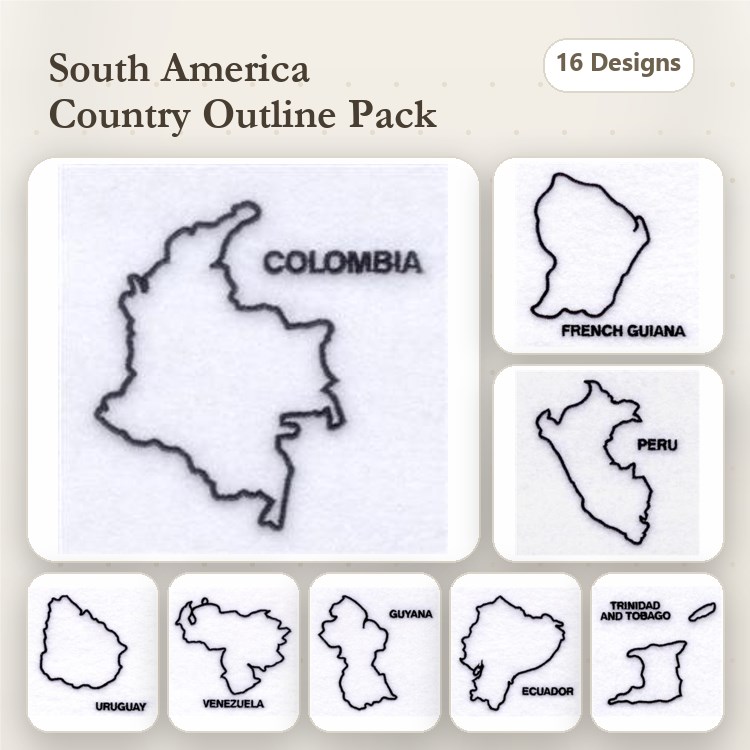 Redwork South America Country Outlines Embroidery Designs Bundle – Colombia, Peru, Venezuela & More (16 Designs)