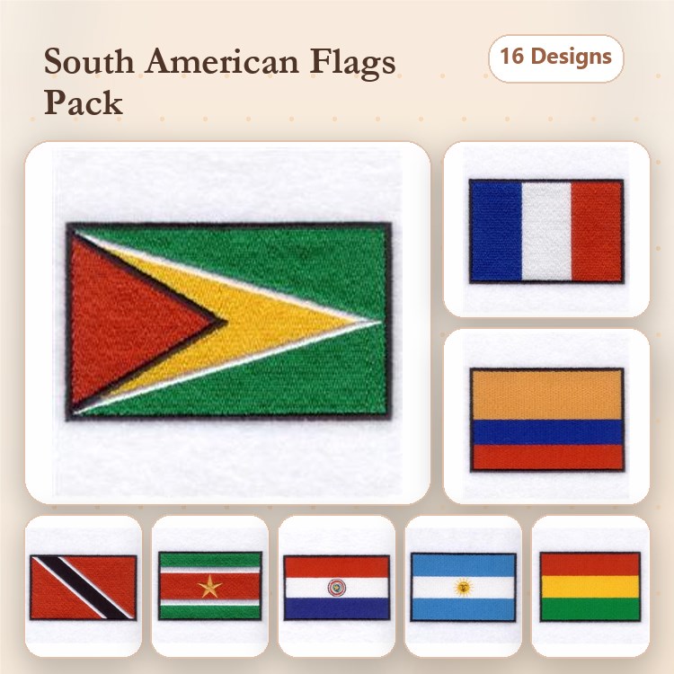 South American Flags Embroidery Bundle – Guyana, French, Colombian & More (16 Designs)