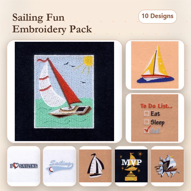 Sailing Embroidery Designs Bundle – Sailboat with Water, I Love Sailing, Anchor & More (10 Designs)