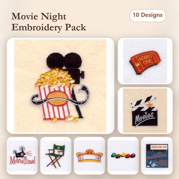 Movie Night Embroidery Designs Bundle – Popcorn Bucket, Movie Ticket, Clapperboard & More (10 Designs)