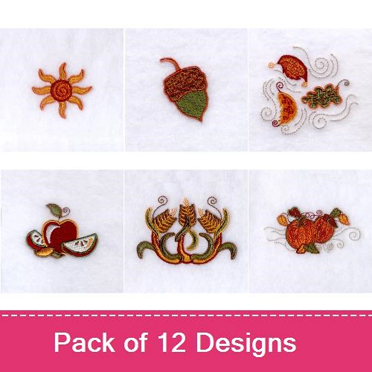Fall-Themed Embroidery Designs Bundle – Sun, Acorn, Apple with Slices & More (12 Designs)