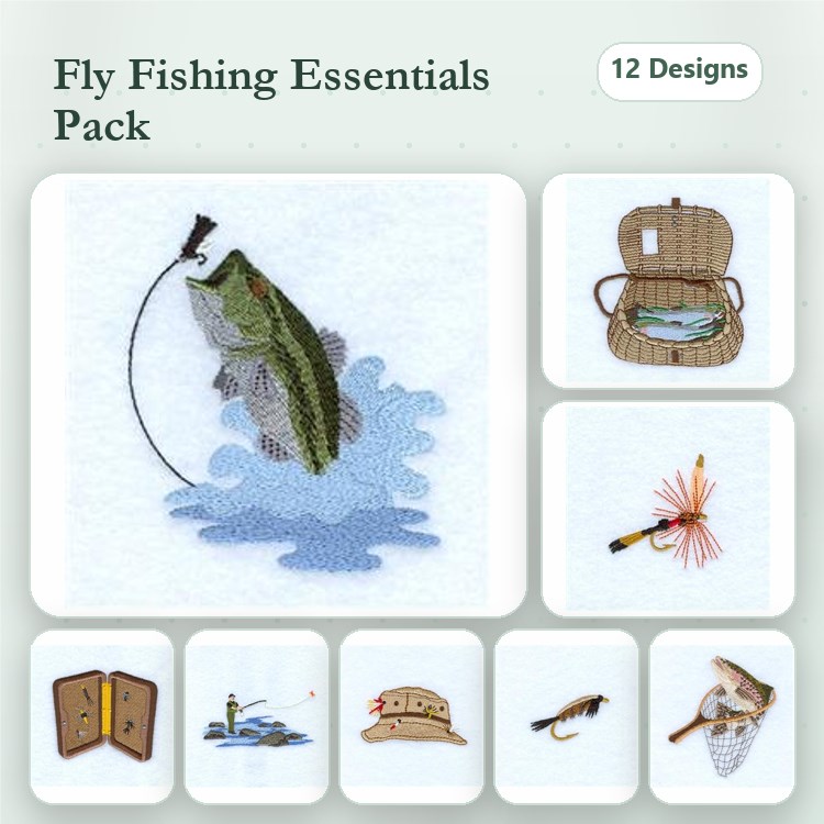 Fly Fishing Essentials Embroidery Designs Bundle – Bass Fish, Fishing Tackle Box, Fly Fishing Lure & More (12 Designs)