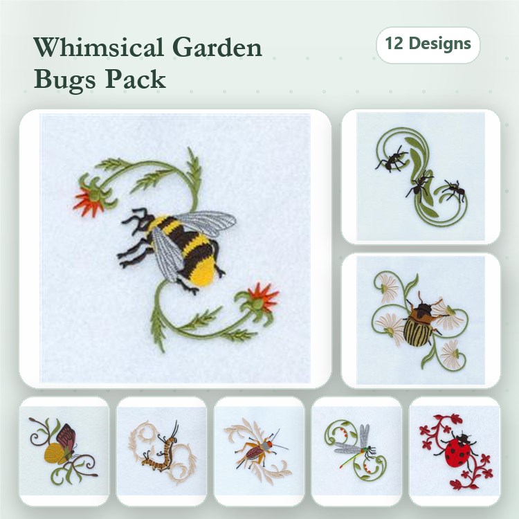 Garden Bugs Embroidery Designs Bundle – Bee with Flowers, Ladybug with Leaves, Butterfly with Vines & More (12 Designs)