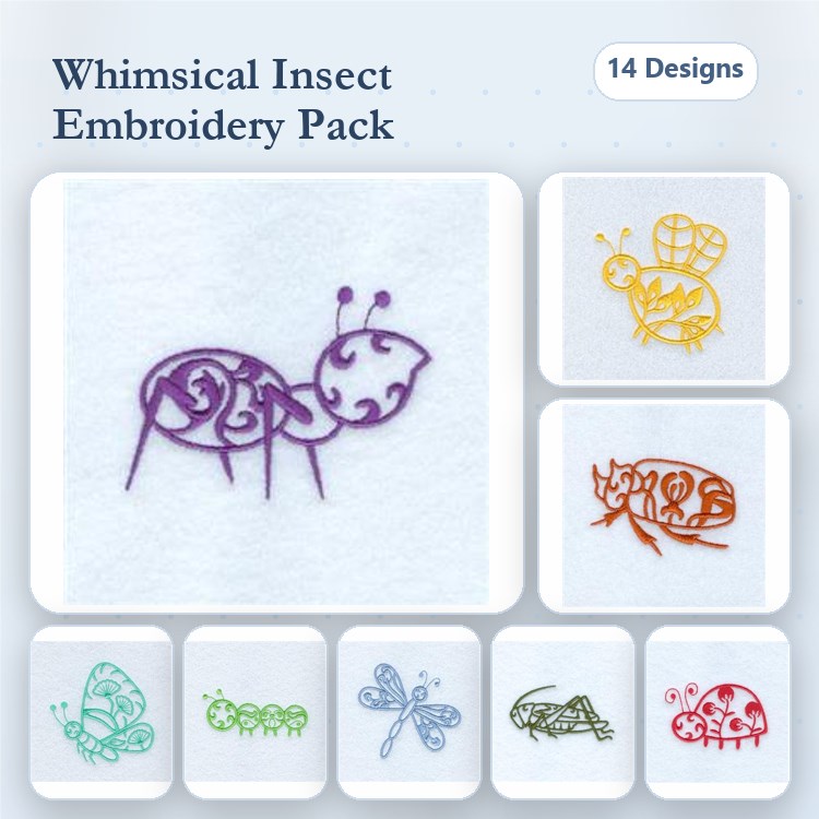 Whimsical Insect Embroidery Bundle – Ant, Bee, Ladybug, Butterfly & More (14 Designs)