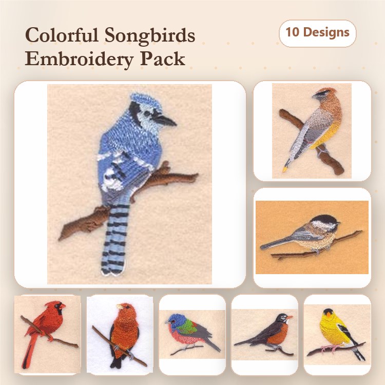 Colorful Songbirds Embroidery Bundle – Blue Jay, Cardinal, Goldfinch & More (10 Designs)