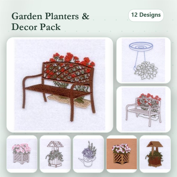 Garden Planters & Decor Embroidery Designs Bundle – Garden Bench with Flowers, Hanging Planter, Floral Arrangement in Pot & More (12 Designs)