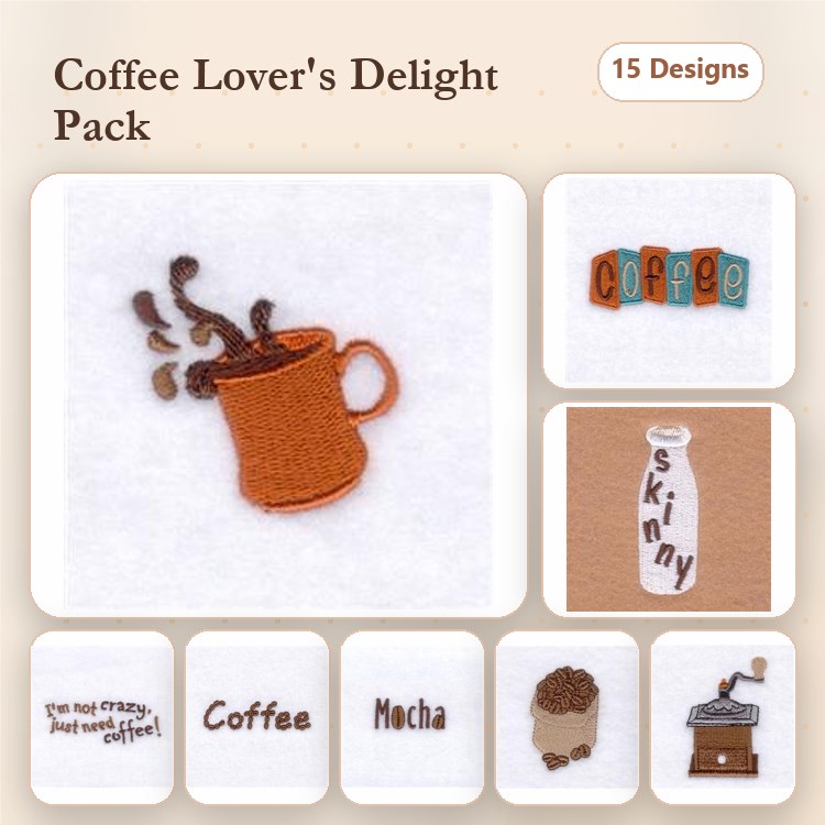 Coffee Lovers Embroidery Designs Bundle – Coffee Cup, Mocha, Espresso Machine & More (15 Designs)