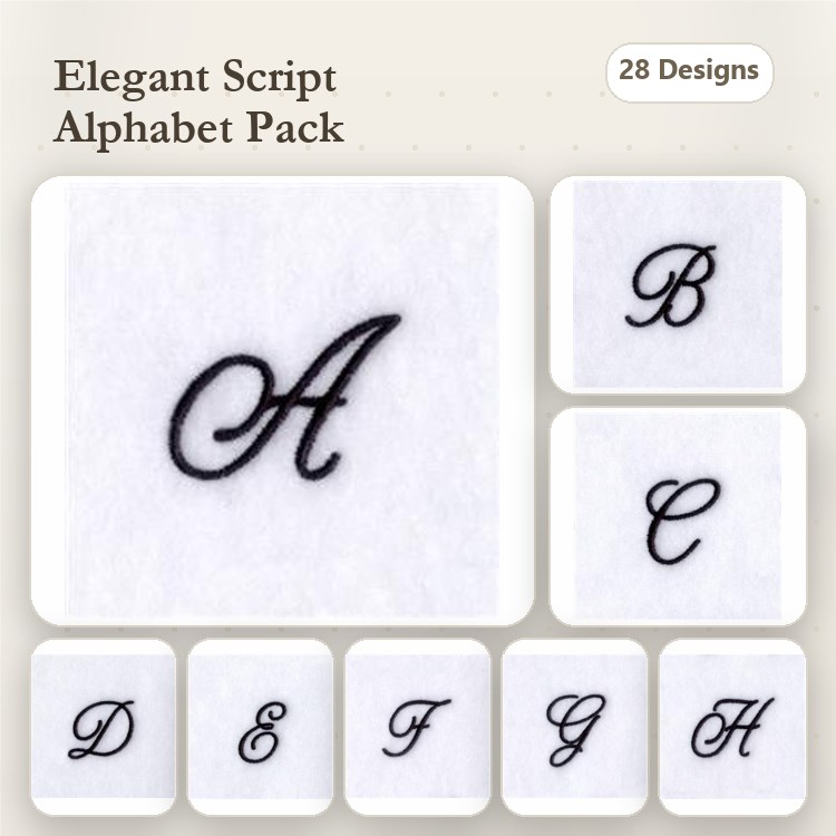 Elegant Script Alphabet Embroidery Bundle – Letter A, Letter B, Letter C & More (28 Designs)