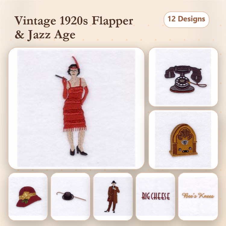 Embroidery Bundle – Flapper Girl, Vintage Telephone, Art Deco Clock & More (12 Designs)