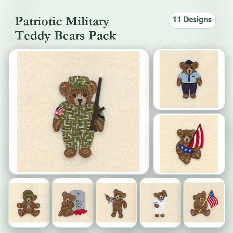 Patriotic Military Teddy Bears Embroidery Designs Bundle – Camouflage Bear, Saluting Bear, American Flag Bear & More (11 Designs)