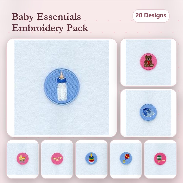Baby Essentials Embroidery Designs Bundle – Baby Bottle, Teddy Bear, Yellow Duck & More (20 Designs)