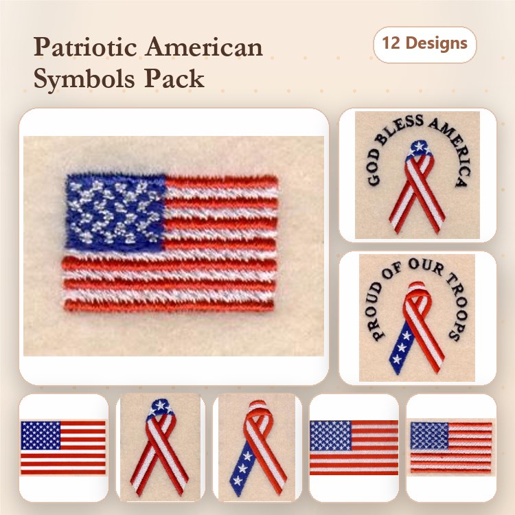 Patriotic American Symbols Embroidery Designs Bundle – American Flag, God Bless America Ribbon, Proud of Our Troops Ribbon & More (12 Designs)