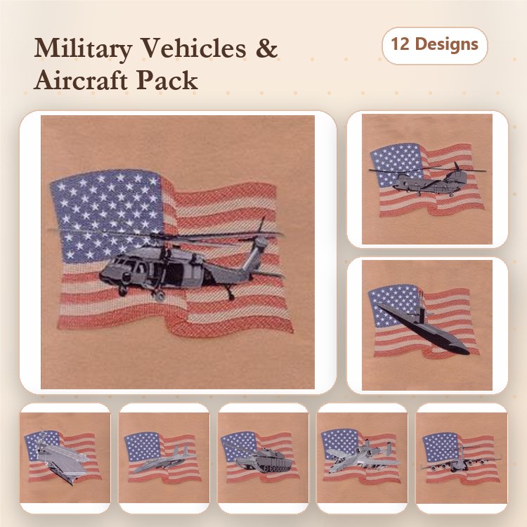 Military Vehicles & Aircraft Embroidery Designs Bundle – Helicopter, Tank, Fighter Jet & More (12 Designs)
