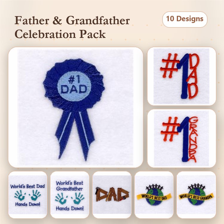 Father and Grandfather Embroidery Bundle – #1 Dad Ribbon, World's Best Dad, Hand's Down Grandpa & More (10 Designs)