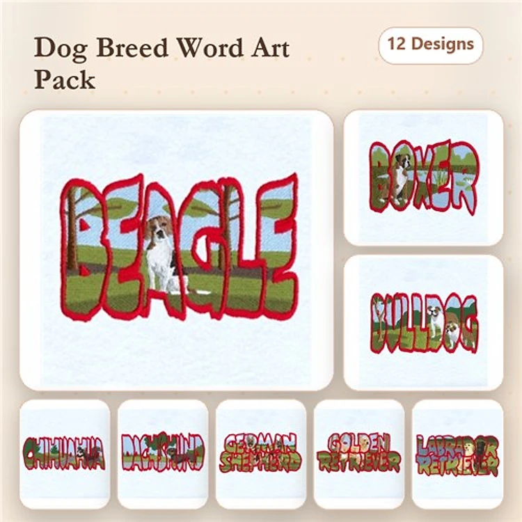 Dog Breed Name Scene Embroidery Bundle – Beagle, Boxer, Bulldog & More (12 Designs)
