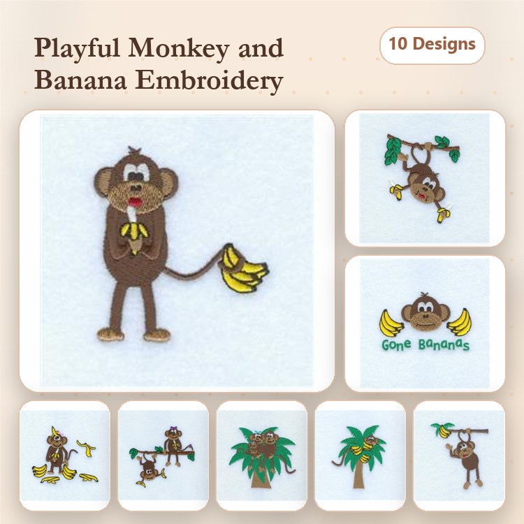 Playful Monkey Embroidery Designs Bundle – Monkey Eating Banana, Monkey Playing Trumpet, Swinging Monkey & More (10 Designs)