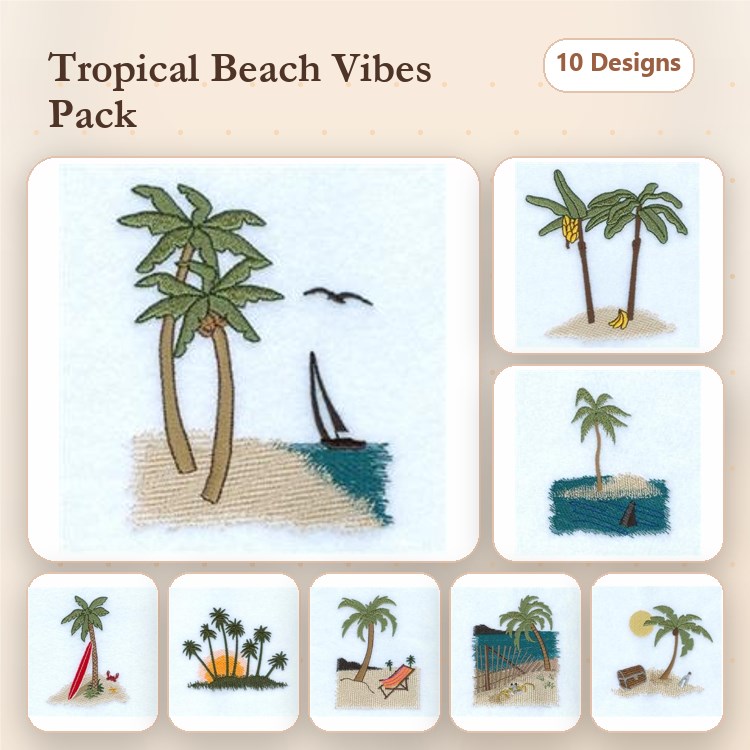 Tropical Beach Embroidery Designs Bundle – Palm Trees, Sailboat, Beach Sunset & More (10 Designs)