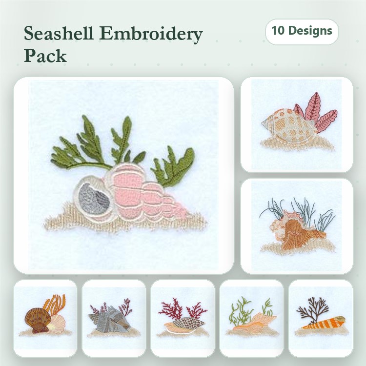Seashells & Marine Life Embroidery Designs Bundle – Sea Shell with Plant, Spiral Sea Shell, Coral Red Sea Shell & More (10 Designs)