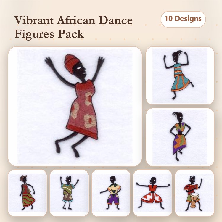 African Dance Figures Embroidery Designs Bundle – Dancing Woman with Red Headband, Dancing Man in Traditional Attire & More (10 Designs)