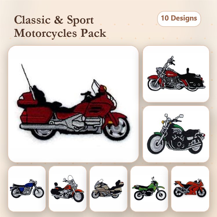 Motorcycle Embroidery Designs Bundle – Touring, Sport, Cruiser, & More (10 Designs)