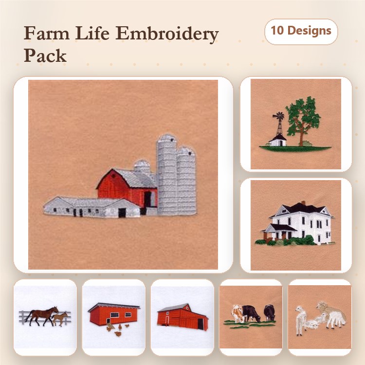 Farm Life Embroidery Designs Bundle – Barn with Silos, Farmhouse, Horses & More (10 Designs)