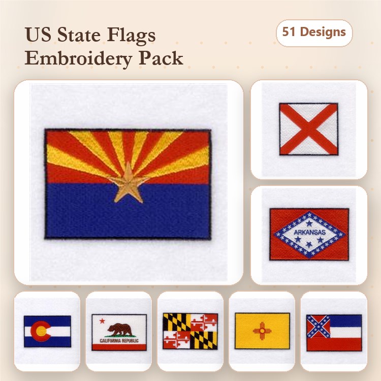 US State Flags Embroidery Bundle – Arizona, Alabama, Arkansas, Colorado & More (51 Designs)