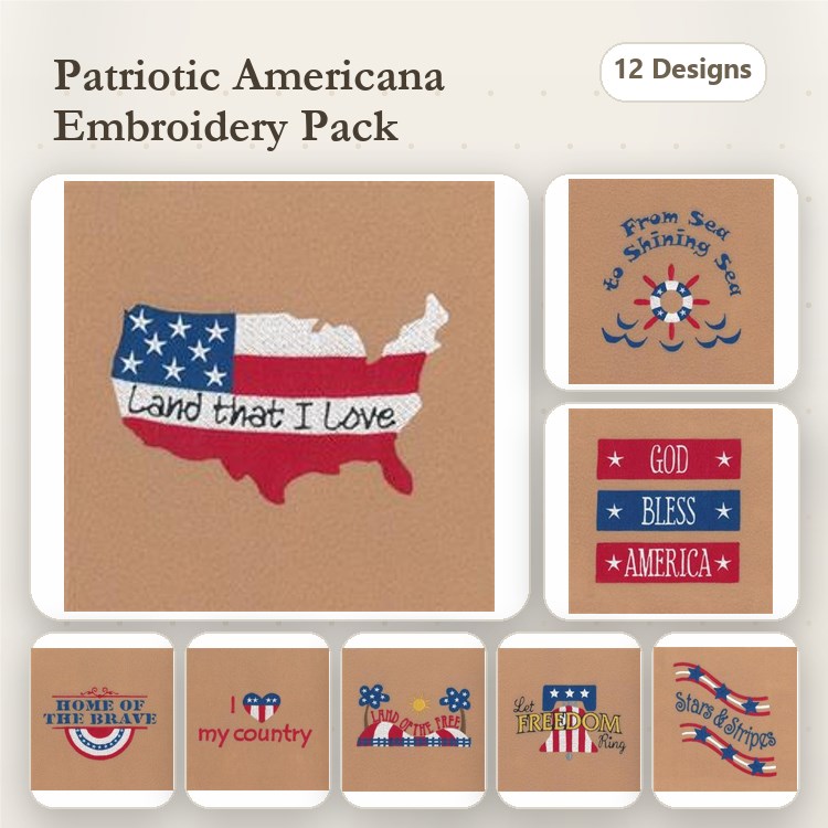 Patriotic Americana Embroidery Designs Bundle – USA Map with Flag, God Bless America, American Flag Heart & More (12 Designs)