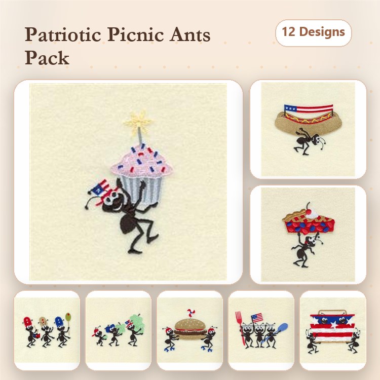 Patriotic Ants Embroidery Designs Bundle – Ant with Cupcake, Ant with Picnic Basket, Ant with Flag & More (12 Designs)