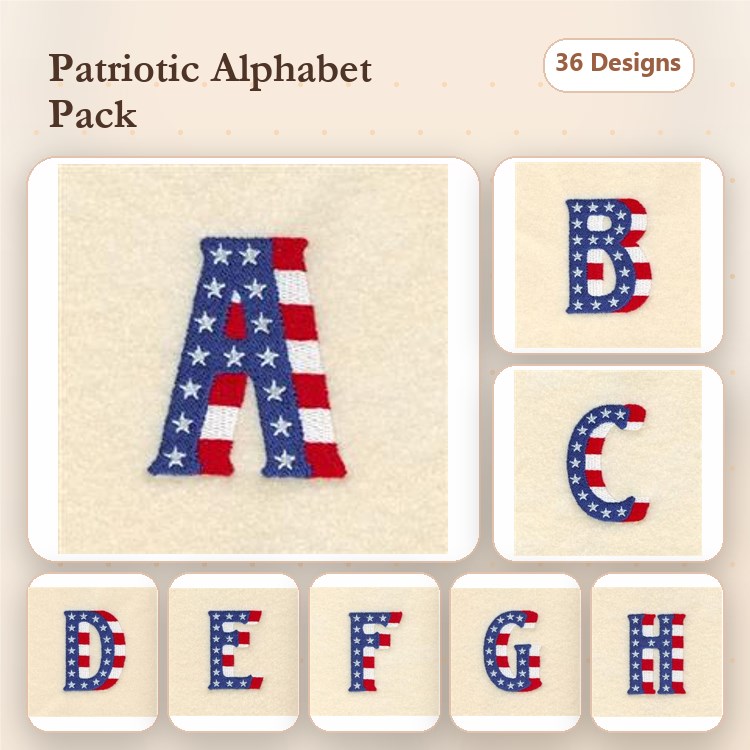 Patriotic Alphabet Embroidery Designs Bundle – Letter A, B, C, D, E, F & More (36 Designs)