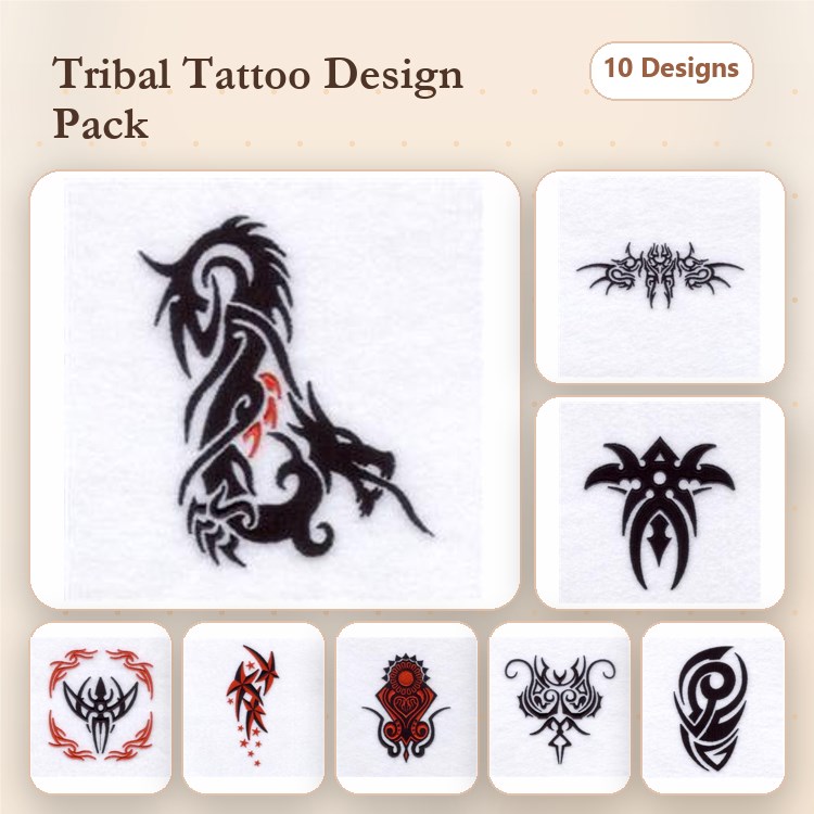 Tribal Tattoo Embroidery Designs Bundle – Dragon, Floral, Abstract & More (10 Designs)