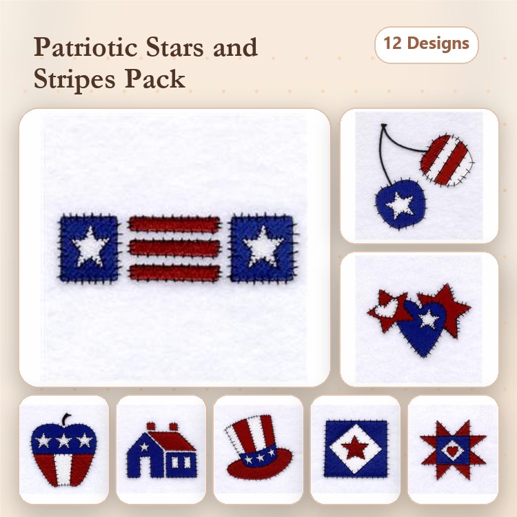 Patriotic Embroidery Designs Bundle – Star with Stripes, Heart with Stars, Uncle Sam Hat & More (12 Designs)