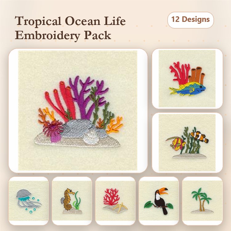 Tropical Ocean Life Embroidery Designs Bundle – Colorful Corals, Clownfish, Sea Turtle & More (12 Designs)