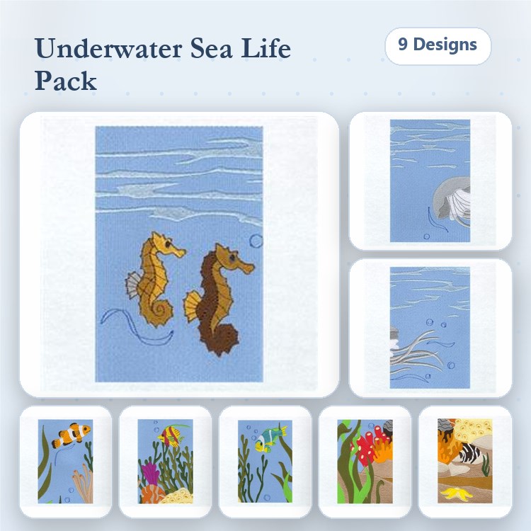 Underwater Sea Life Embroidery Bundle – Seahorse Pair, Colorful Fish School, Coral Reef Scene & More (9 Designs)