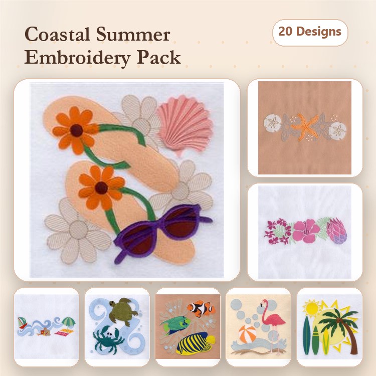 Applique Coastal Summer Embroidery Bundle – Flip Flops, Sea Turtle, Crab, Flamingo & More (20 Designs)
