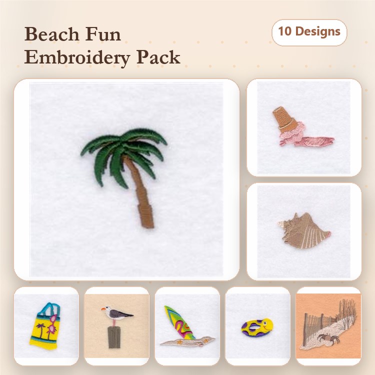 Beach Themed Embroidery Designs Bundle – Palm Tree, Ice Cream Cone, Seashell & More (10 Designs)